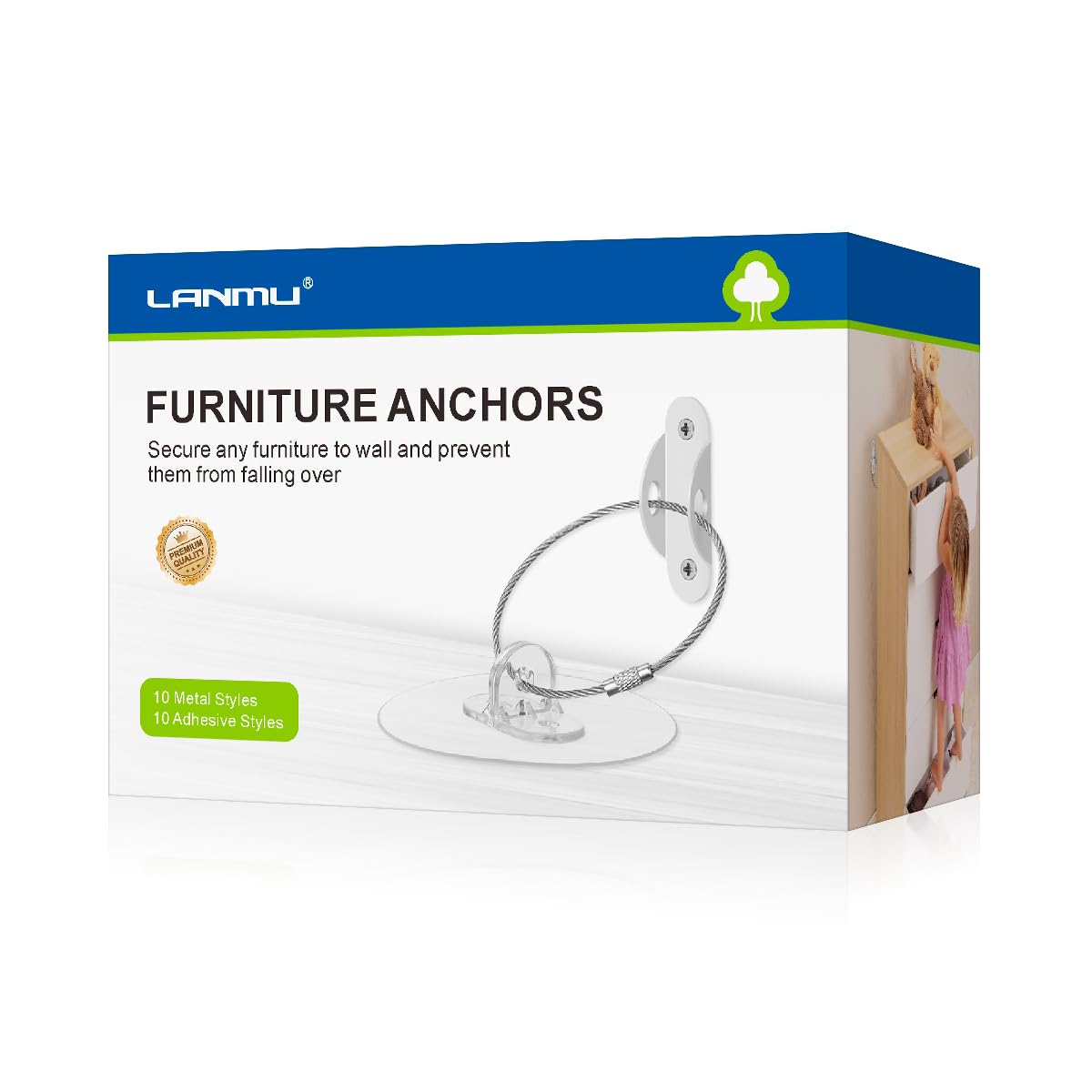 Adhesive Furniture Anchor LANMU 20 Pack Anti Tip Furniture Wall Anchor 10 Pcs Metal Furniture Straps and 10 Pcs Adhesive No Drll Furniture Straps Prevent Falling for Child Safety