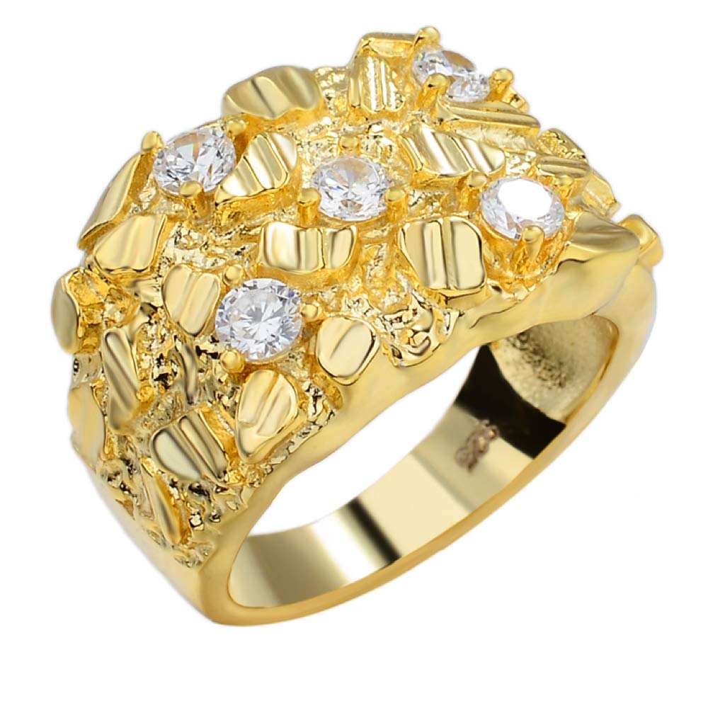 Solid 925 Sterling Silver Mens Silver Ring - Nugget Ring - Pinky or Ring Finger Iced Flooded Out Mens Ring - 14k Yellow Gold Finish - Sizes 7-13 (12)