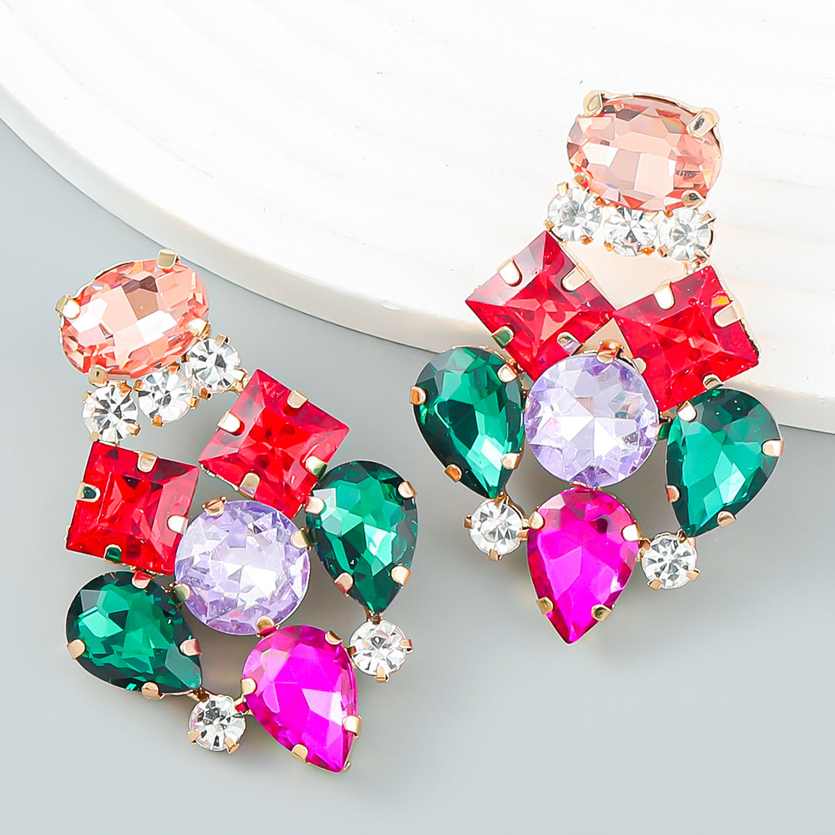 Fashionable Geometric Earrings with Colorful Diamonds