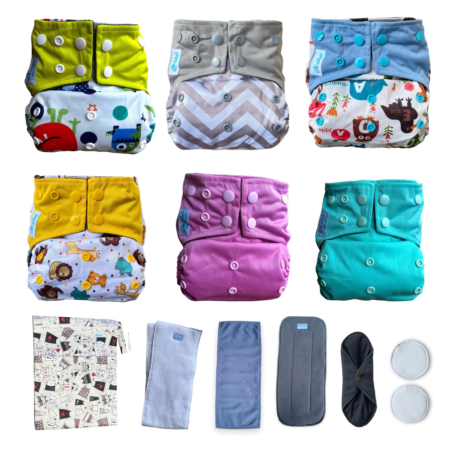 OKOLO Premium Cloth Diapers for Babies Full Eco 6-Pack Reusable Baby Diaper Newborn Diapers Diapers Size 4 Diapers Size 5 Diapers Size 1 All-in-One (Mixed)