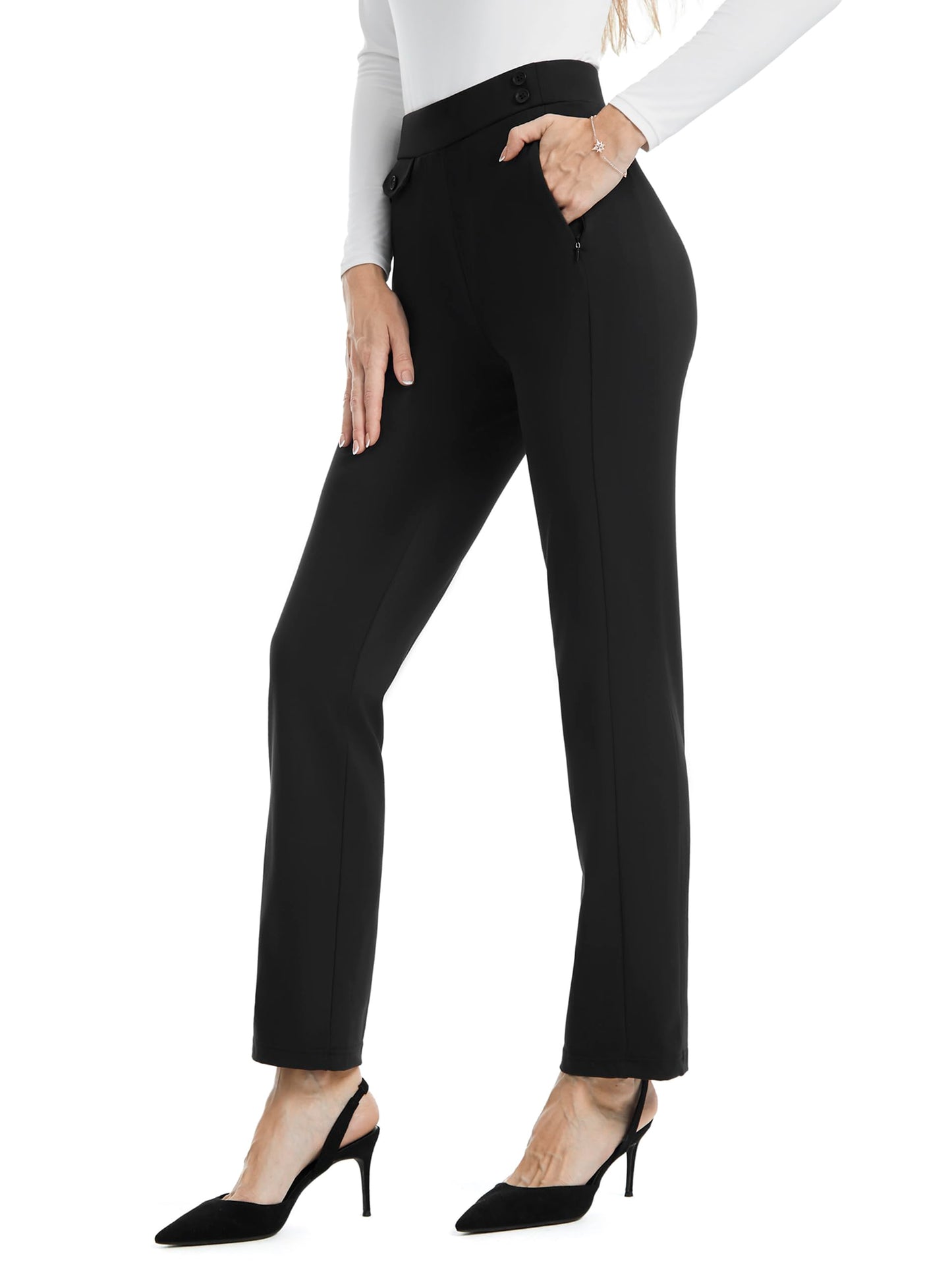 AFITNE Womens Yoga Dress Pants High Waisted Pull On Stretchy Straight Leg Slacks Office Business Casual Work Pants with Pockets 29" Black M