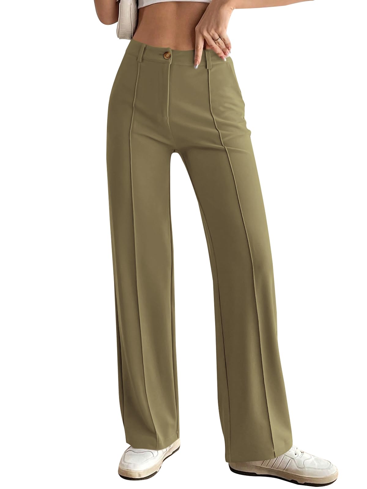 PRETTYGARDEN Womens Stretchy Pants 2024 Straight Leg Knit Slacks Button Business Casual Work Trousers (Army GreenXXL)