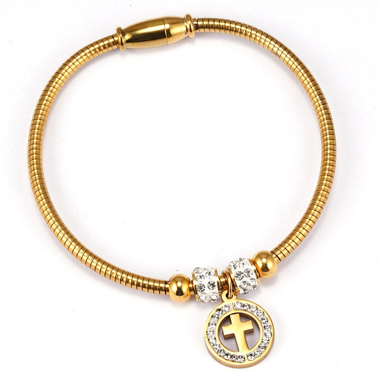 Women's Stainless Steel Cross Bracelet with Diamonds