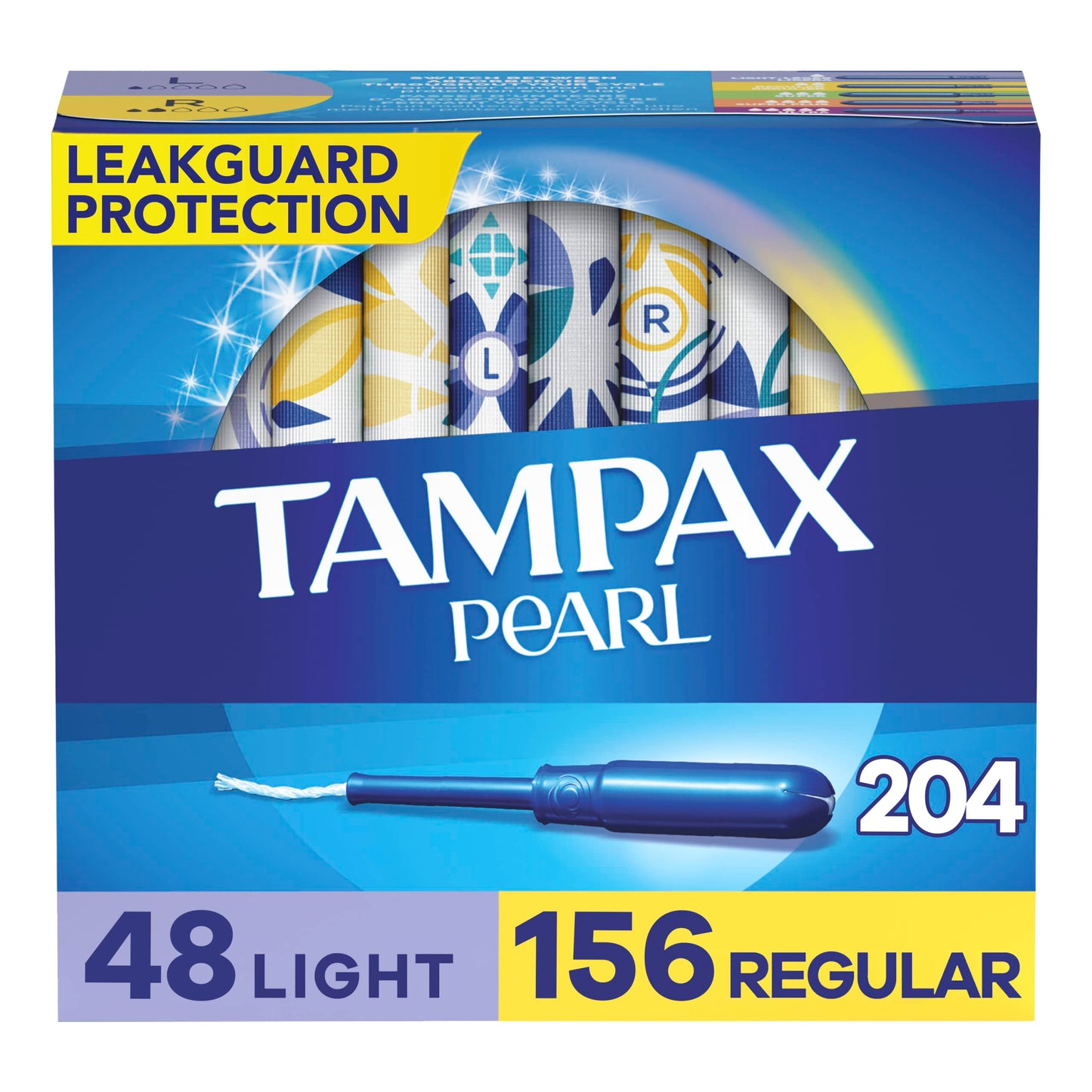 Tampax Pearl Tampons Multipack Light/Regular Absorbency With Leakguard Braid Unscented 34 Count X 6 Packs (204 Count Total)