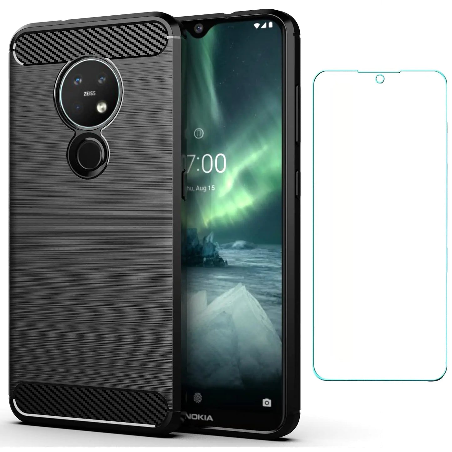 Asuwish Compatible with Nokia 6.2/7.2 Case and Tempered Glass Screen Protector Cover Cell Accessories Soft TPU Protective Slim Phone Cases for Phone Cases for Nokia6.2 Nokia7.2 Carbon Fiber Black