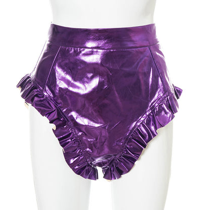 PU Leather Women's Shorts with Wooden Details