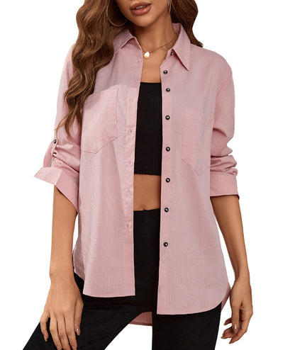 Deer Lady Womens Button Down Shirts Roll Up Long Sleeve Casual Blouse Shirts Tops Pink XL