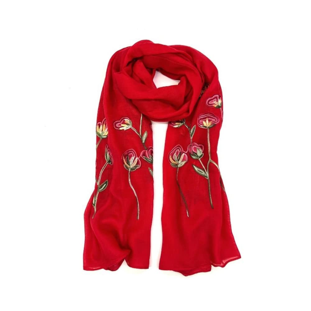 Humble Hilo Embroidered Scarves Versatile Lightweight Colorful Floral Scarf/Shawl (Red)