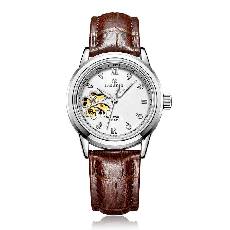 Waterproof Women's Automatic Leather Watch with Diamonds