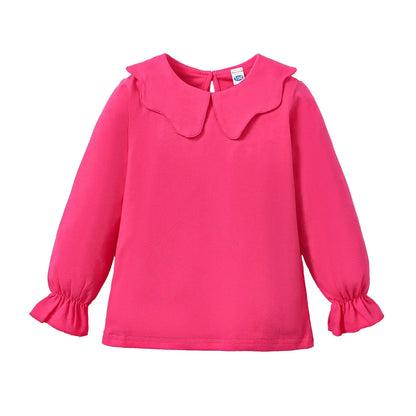 ZFZDRen 12M-6Y Toddler Baby Girls Ruffle Collar Blouse Kids Girl Solid Color T-Shirts Casual Tee Tops (Dark Pink Long Tee 5-6 Years)