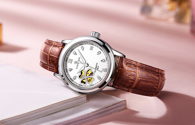 Waterproof Women's Automatic Leather Watch with Diamonds
