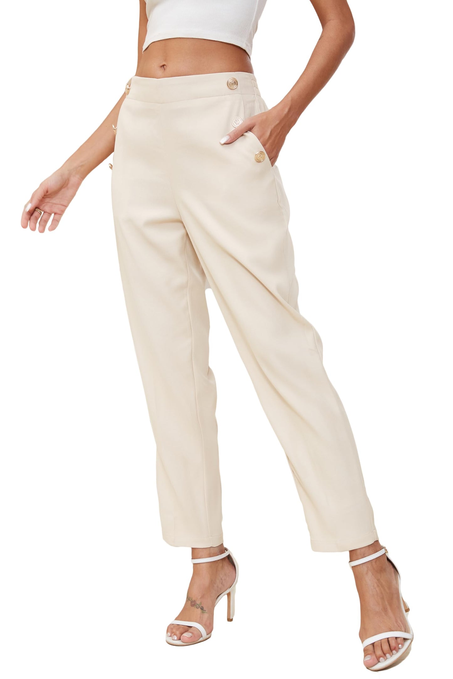 JEAAMKSSER Womens Elastic High Waist Business Slacks for Work Trousers Pants Straight Leg with Pockets # Beige S