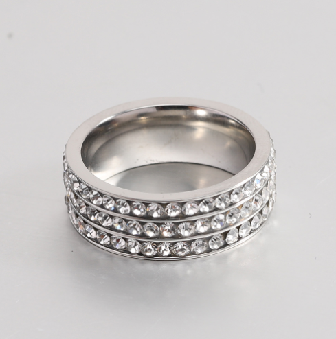 Stainless Steel Women's Fashion Ring with Diamonds