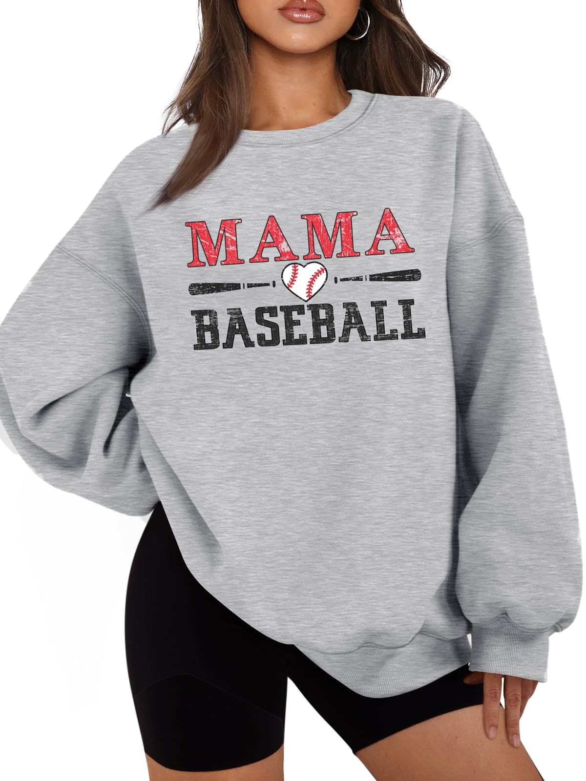 UYIQL Baseball Sweatshirt Women Casual Crewneck Sport Mom Sweatshirts Funny Baseball Mama Letter Print Pullover Tops Light Grey 2XL