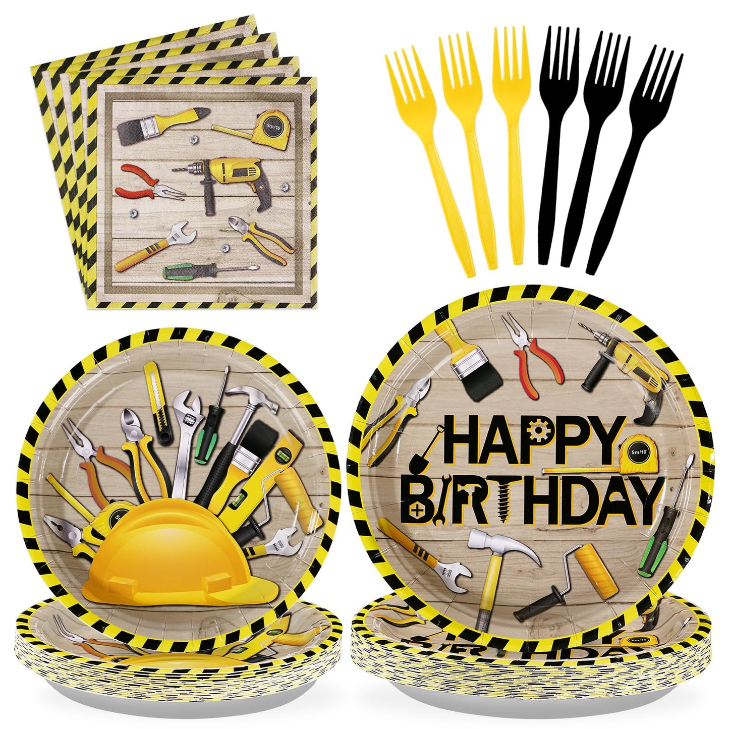Grencian 96 PCS Handyman Tools Party Supplies Handyman Tools Party Plates 350GSM Disposable Handyman Tools Birthday Tableware Set for Little Builder Carpentry Construction Birthday Party Serves 24