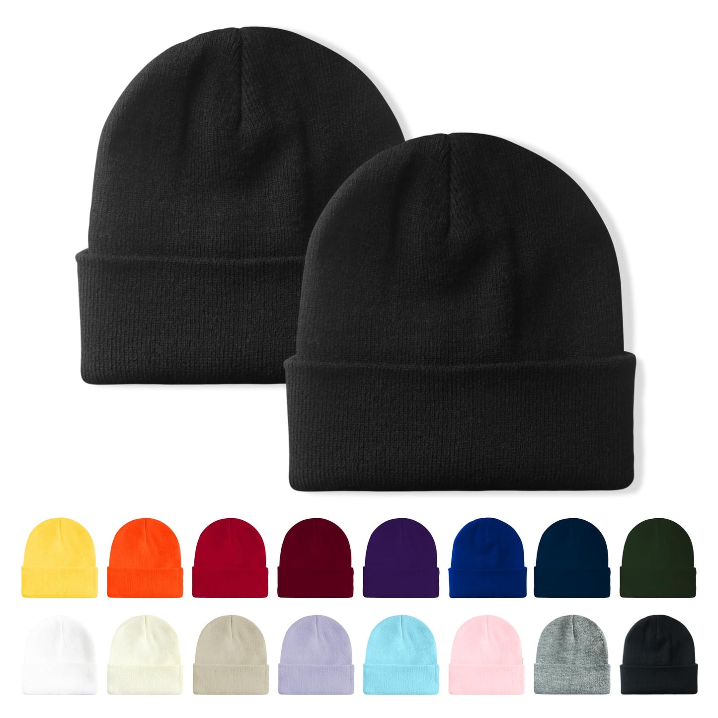 AGLIFEFY 2 Packs Winter Beanie Acrylic Knit Cuffed Plain Beanies Hats Skull Cap for Men Women Black+Black