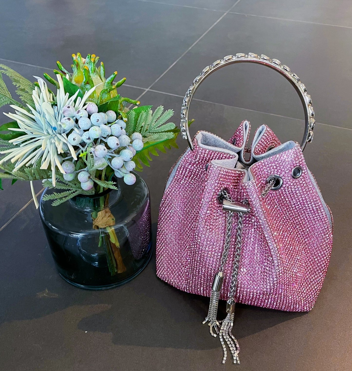 Shiny Handbag with Rainbow Tassels and Diamonds