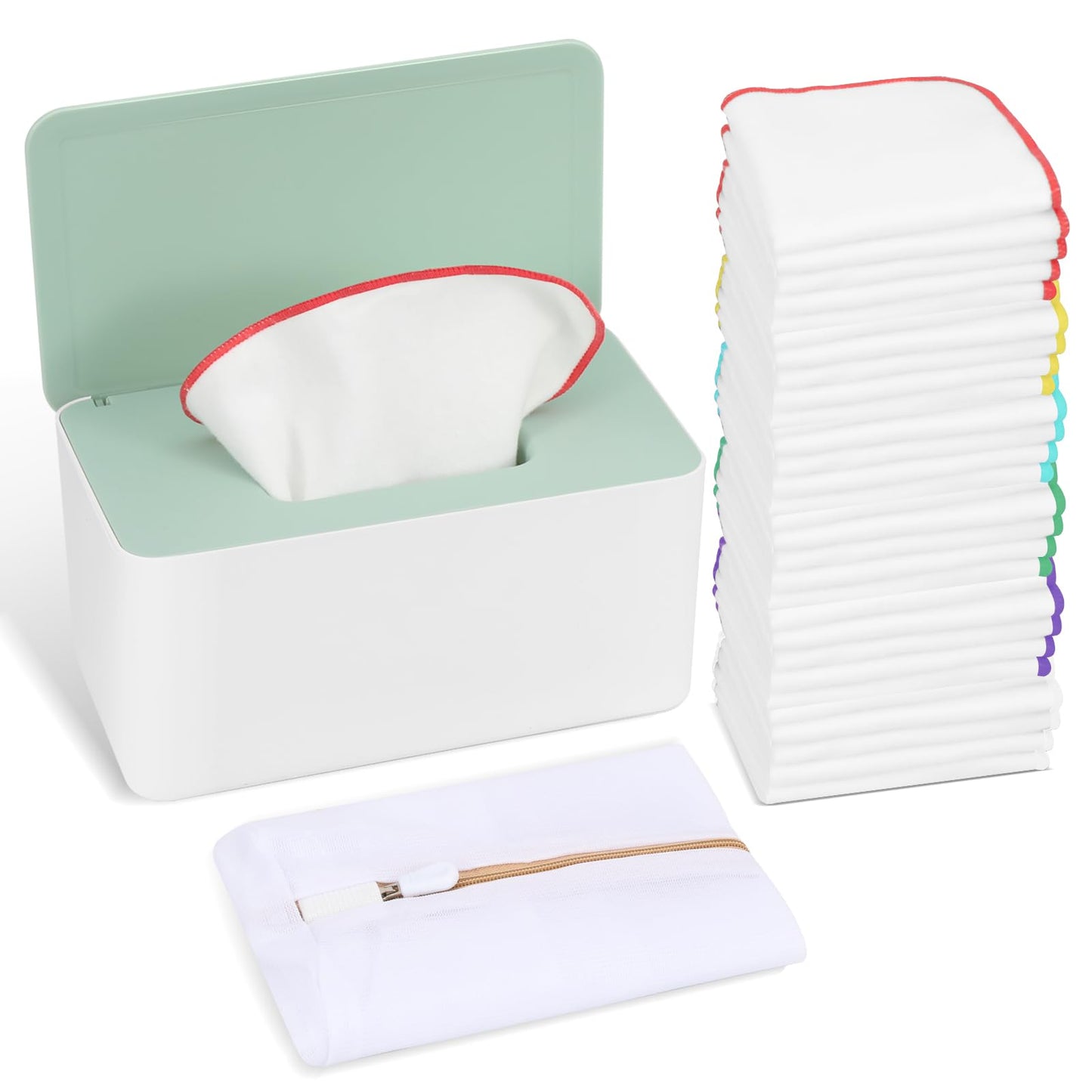 54 Packs Flannel Cloth Baby Wipes Reusable Baby Wipes with Green Upgraded Wipes Dispenser Reusable & Durable Cloth Wipes Body Face Hand Washcloth Essential for Baby Wipes