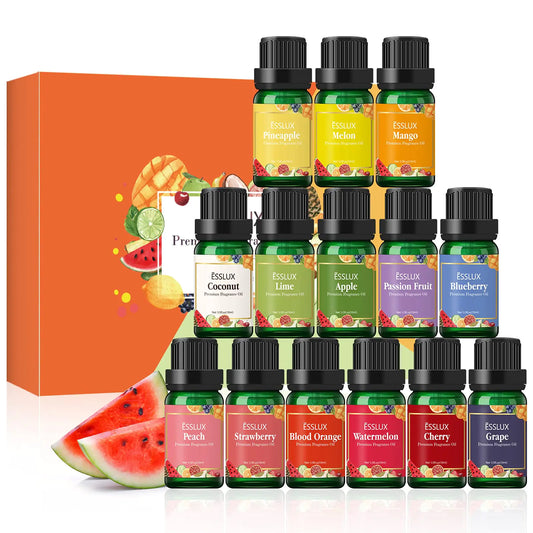 Fruity Fragrance Oils Set ESSLUX 14 Premium Fruit Scented Oils for Diffuser Soap Candle Making Scents Coconut Peach Watermelon Pineapple and More Aromatherapy Essential Oils Gift Set for Home
