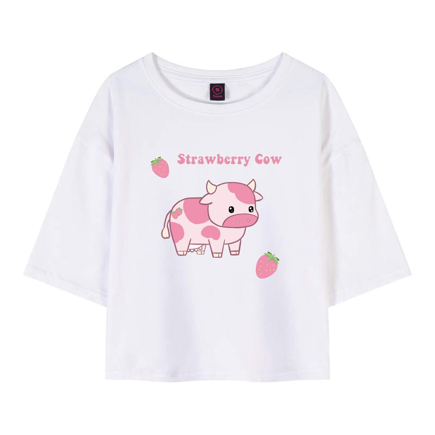 KEEVICI Girls Cute Strawberry Cow Print T Shirts Short Sleeve Crop Cotton Tops (WhiteL)
