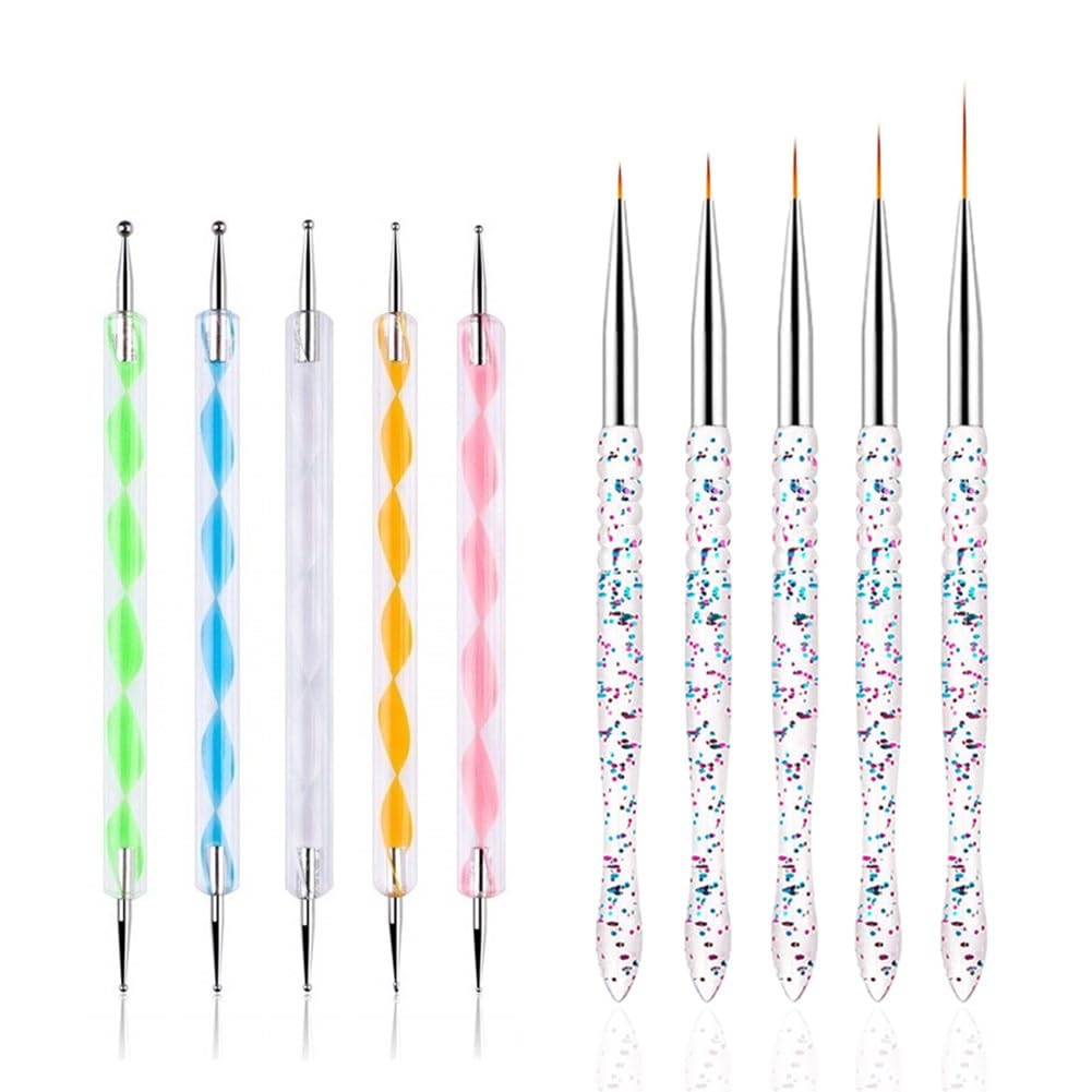 FULINJOY Nail Dotting Tools 10 Pcs Kit 5 Pcs Double-end Nail Dotting tools and 5 Pcs Nail Art Liner Brushes Nail Art Design Tools