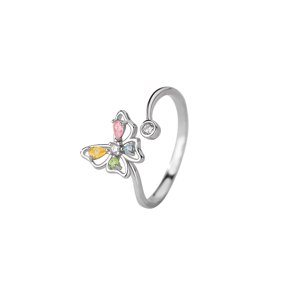 Sterling Silver Butterfly Ring with Color Diamonds