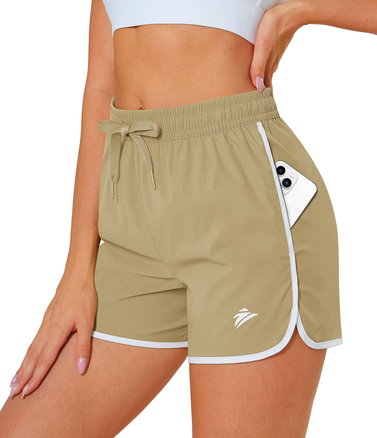 MAGOCOMSEN Womens Athletic Shorts with Pockets 3 Inch Sport Shorts Quick Dry Running Workout Shorts Khaki Shorts M
