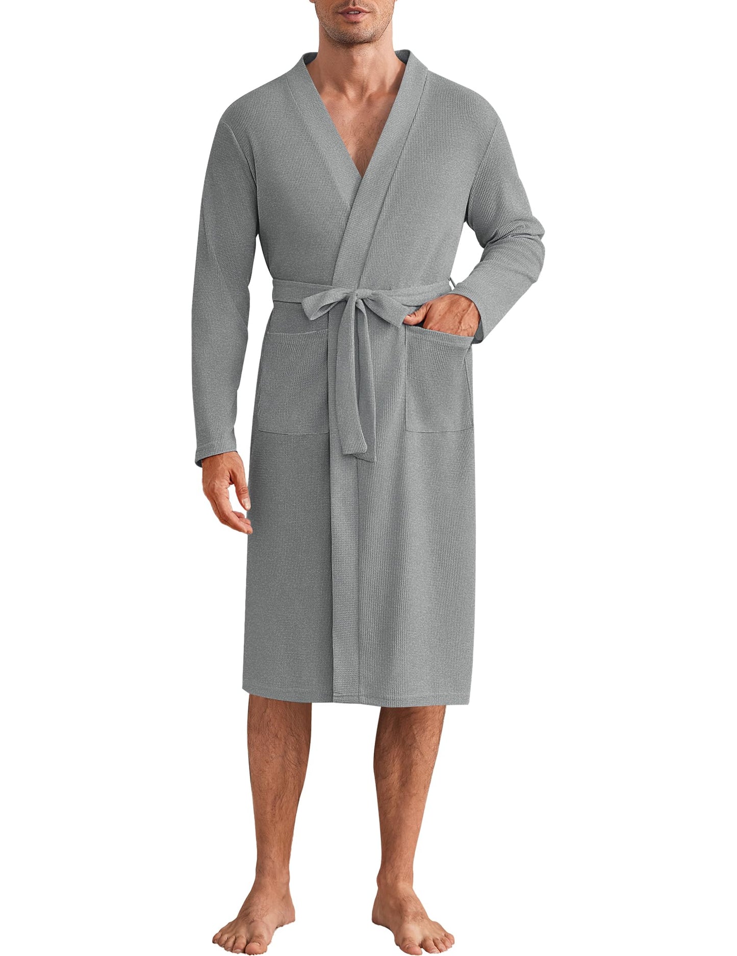 Ekouaer Mens Robes Lightweight Waffle Knit Spa Bathrobe Soft Kimono Shower Robe V Neck Long Sleeve Sleepwear with Pockets