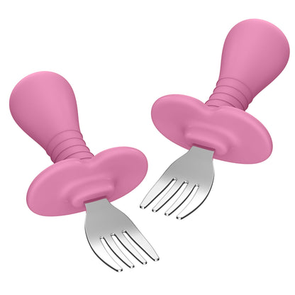 Baby Forks Toddler Forks for Self Feeding Kids Forks with Silicone Round Handle Stainless Steel Toddler Utensils Children Safe Silverware Set Anti-Choke Design BPA Free - Pink