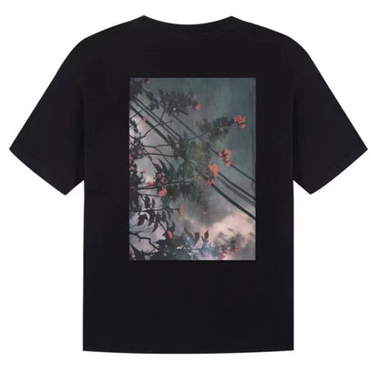 Double Line Floral Print Couple Graphic T-Shirts