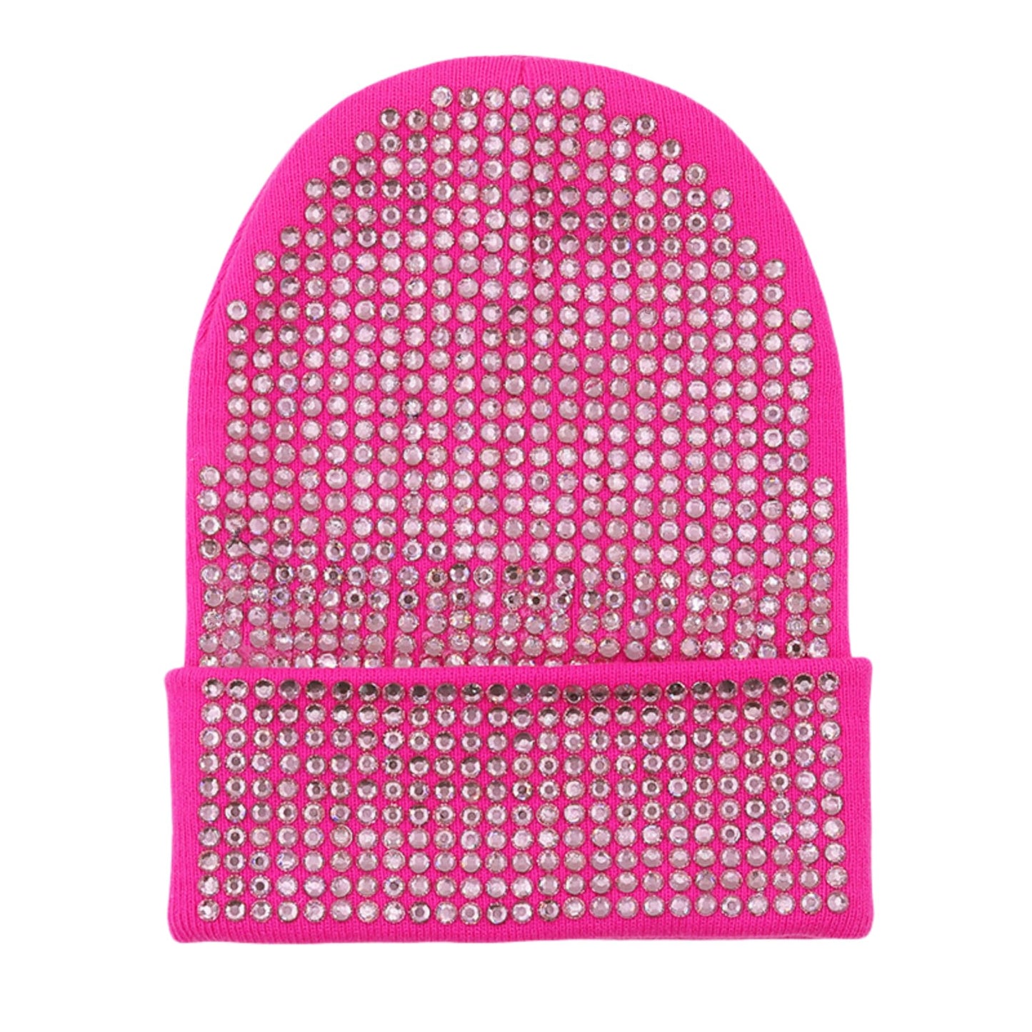 RARITYUS Bling Rhinestone Beanie Hats for Women Men Warm Knitted Winter Hats Y2K Stretchy Cuffed Skull Cap Hot Pink