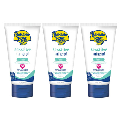 Banana Boat Sensitive 100% Mineral Face Sunscreen Lotion SPF 50 3oz | Travel Size Sunscreen Mini Sunscreen for Face Banana Boat Face Sunscreen Banana Boat Mineral Sunscreen SPF 50 3oz