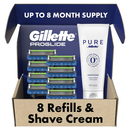 Gillette ProGlide Mens Razors 8 Razor Blade Refills Plus Gillette PURE Mens Soothing Shaving Cream with Aloe 6 oz