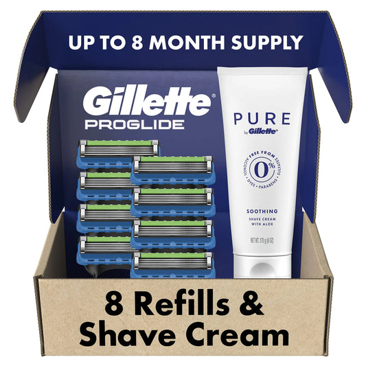 Gillette ProGlide Mens Razors 8 Razor Blade Refills Plus Gillette PURE Mens Soothing Shaving Cream with Aloe 6 oz