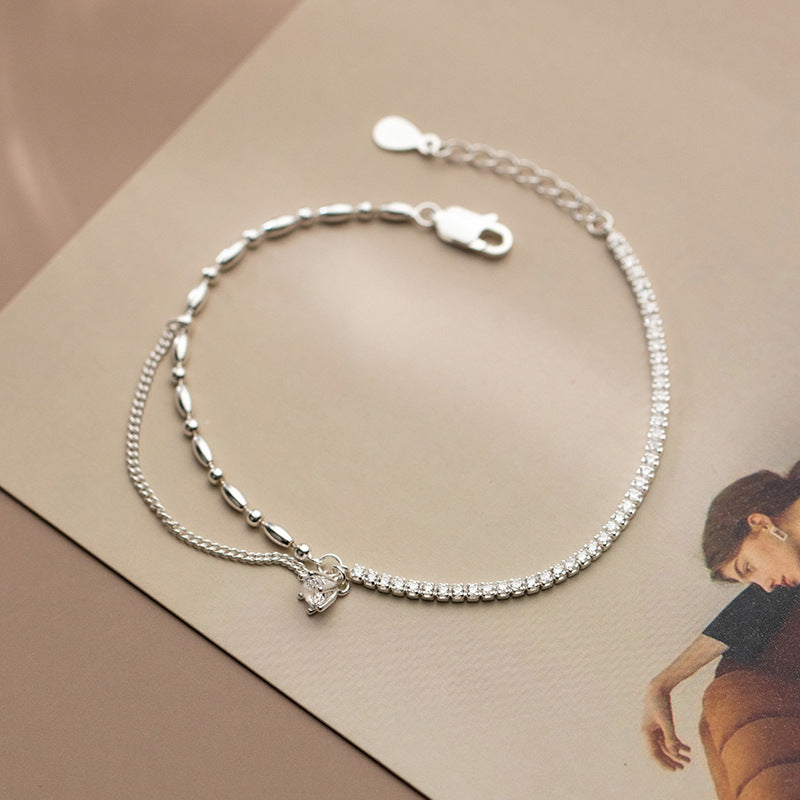 Simple Asymmetrical Silver Bracelet with Diamonds