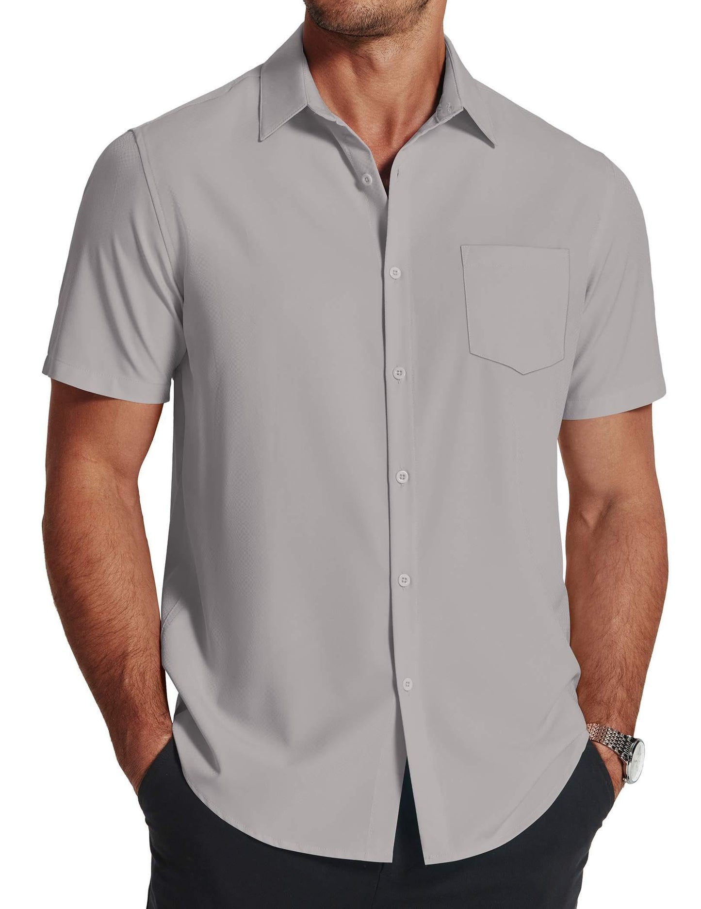 COOFANDY Mens Dress Shirt Short Sleeve Caual Button Down Shirt Business Office Shirt Light Grey