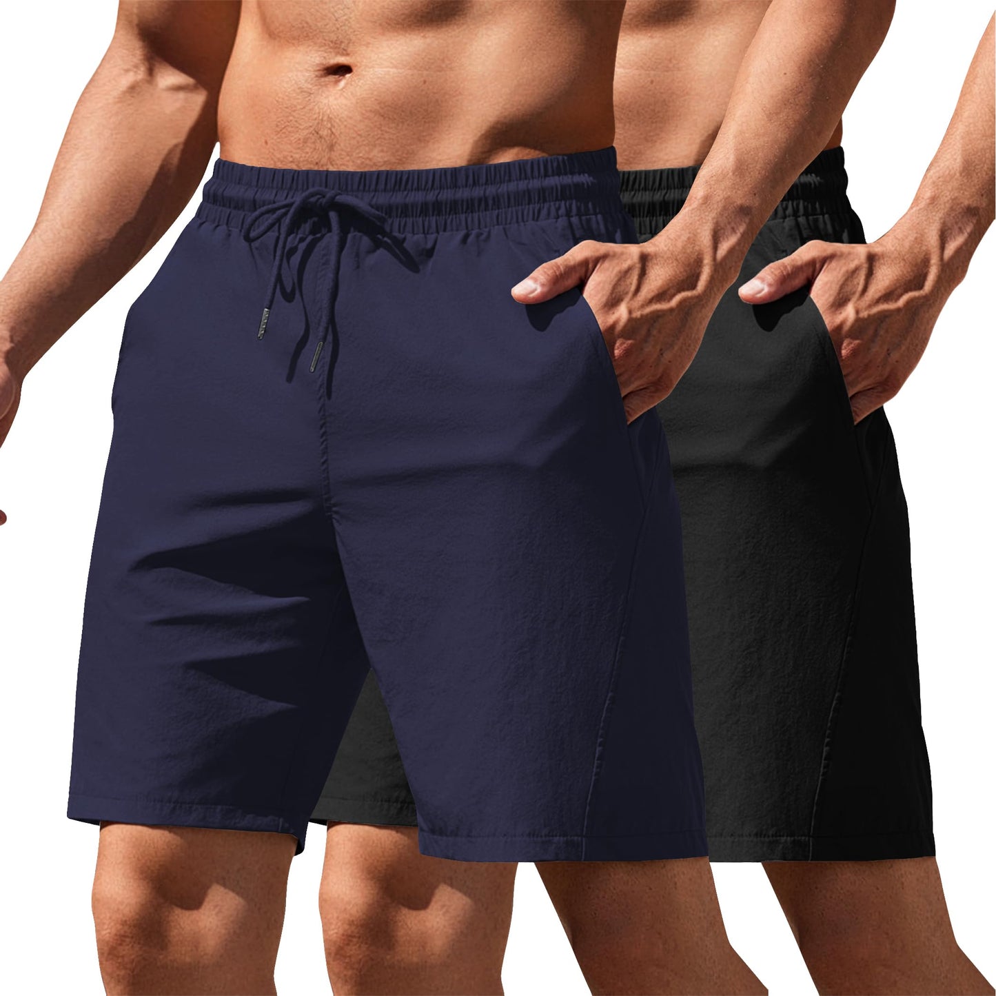COOFANDY 2 Pack Athletic Shorts 9 Inch Elastic Waist Shorts Sports Running Tennis Black/Navy Blue