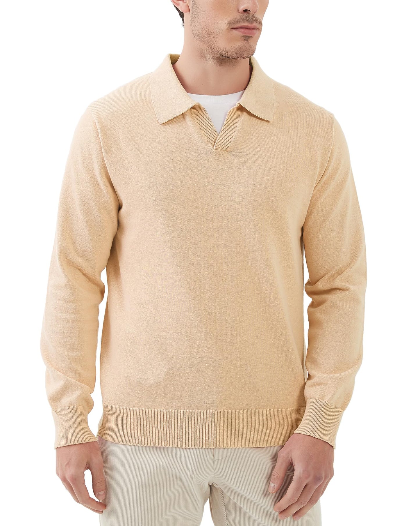Kallspin Mens Knit Polo Sweater Regular Fit V Neck Cotton Long Sleeve Soft Classic Sweater Pullover(Beige L)