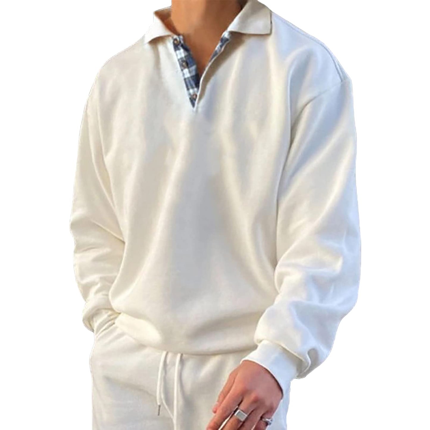 Opomelo Mens Long Sleeve Pullover Polo Shirts-Casual Loose Fit Sweatshirts V Neck Tops White