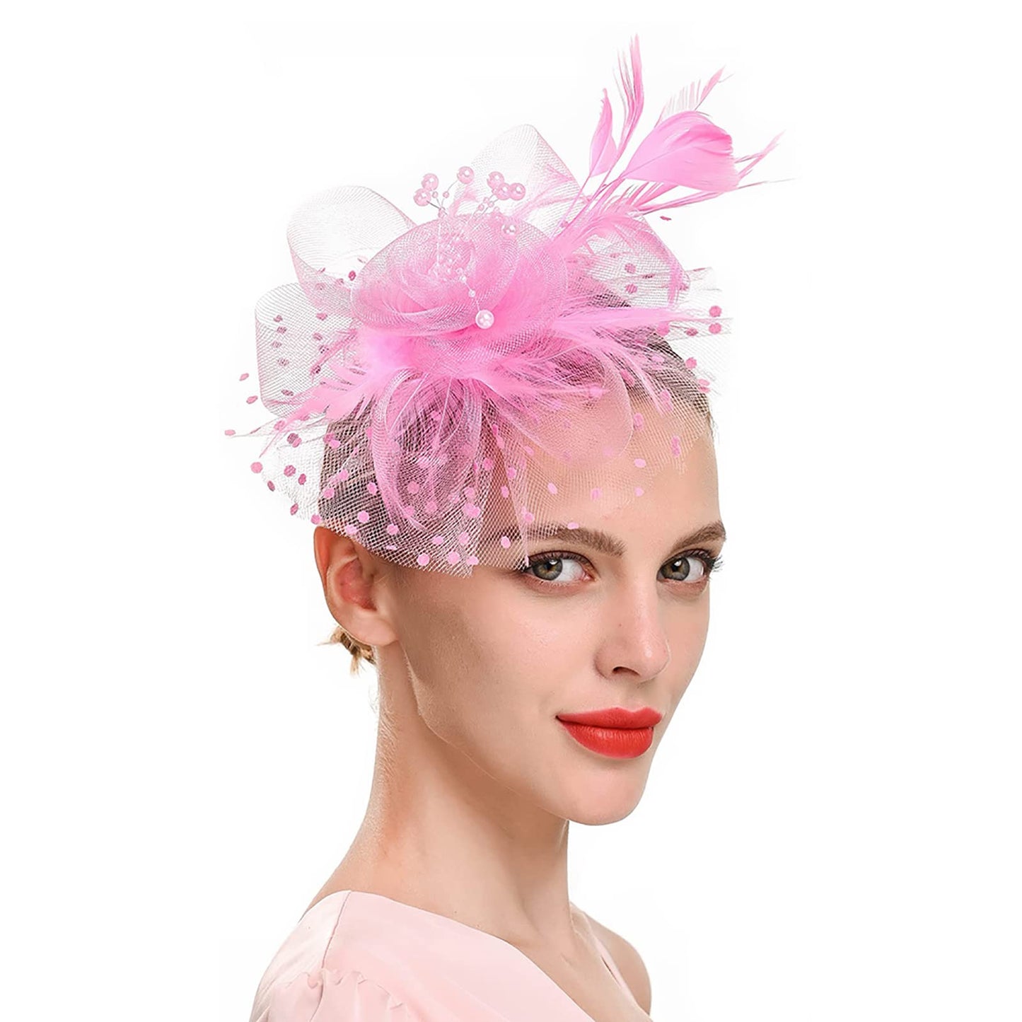 Fascinators for Women Girls Tea Party Hats Kentucky Derby Hats Derby Hat Fascinator Flower Ribbons Mesh Feathers Headwear Pink