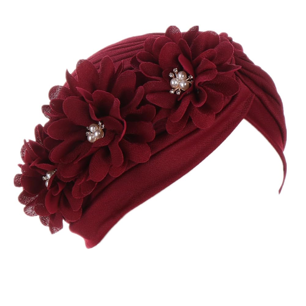 YYAOJHAO Women Flower Turban Hats - Ruffle Pre Tied Headwrap Caps Chemo Beanies Hijab Headscarf for Cancer Patient Hair Loss Wine