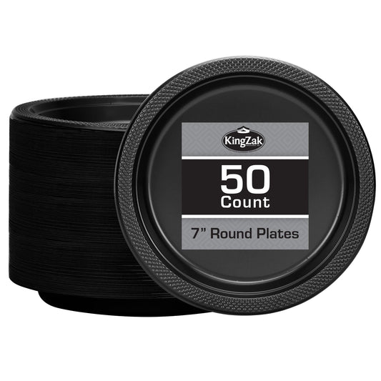 Hanna K. Signature Black Plastic Plates 7 Inch - 50 count - Plastic Solid Round Party Plates For Weddings BBQs Birthday Plates - Disposable Black Plates - Plastic Dessert Plates
