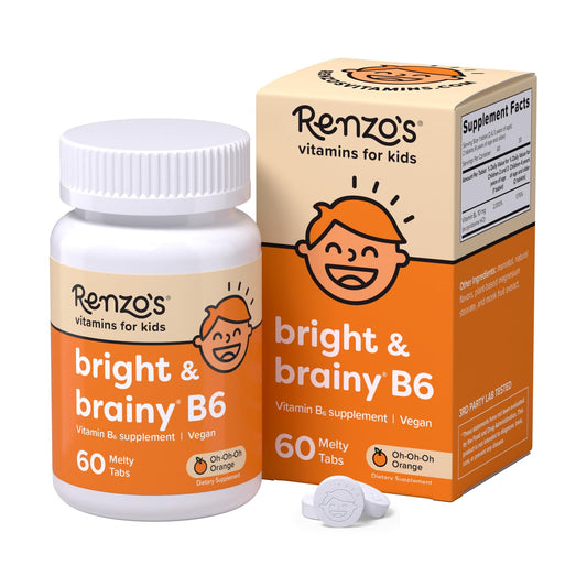 Renzos Bright & Brainy Vitamin B6 - Dissolving Kids Vitamin B6-60 Sugar-Free Melty Tabs Oh Oh Oh Orange Flavored