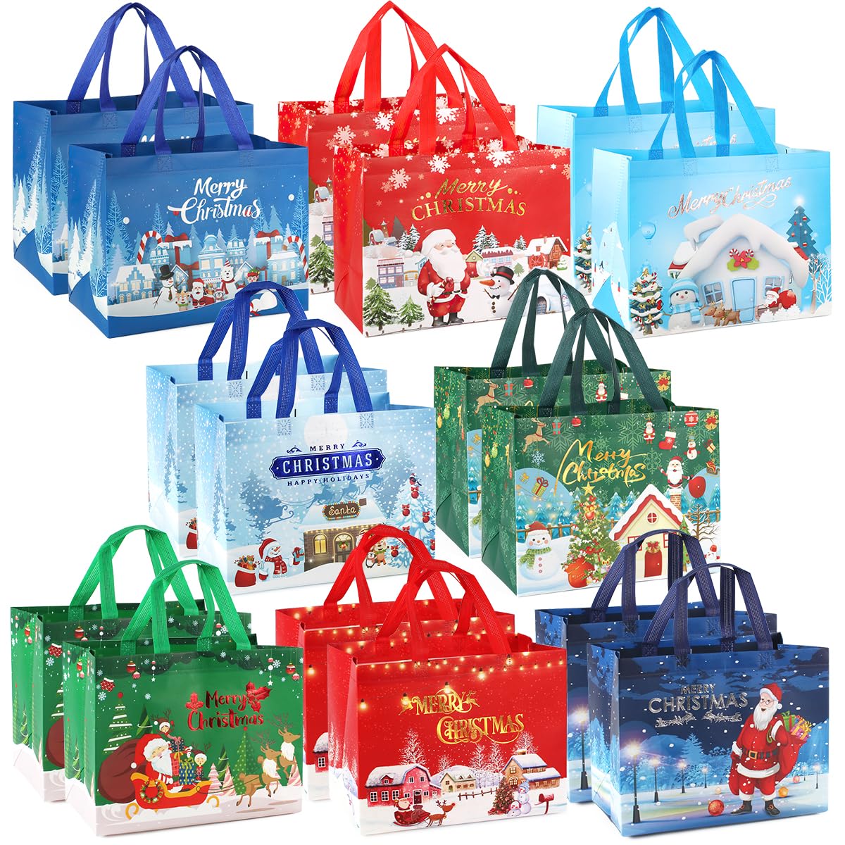 PARSUP 16PCS Christmas Gift Bags Bronzing Christmas Tote Bags with Handles Treat Bags Multifunctional Non-Woven Bags for Gifts Wrapping Shopping Xmas Basket Party Supplies 12.8"×9.8"×6.7"