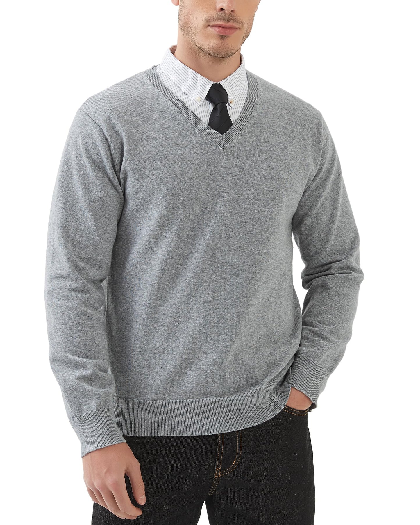 Kallspin Mens V Neck Sweater Pullover Pure Cotton Regular Fit Long Sleeve Knitting Sweaters(Light Grey S)