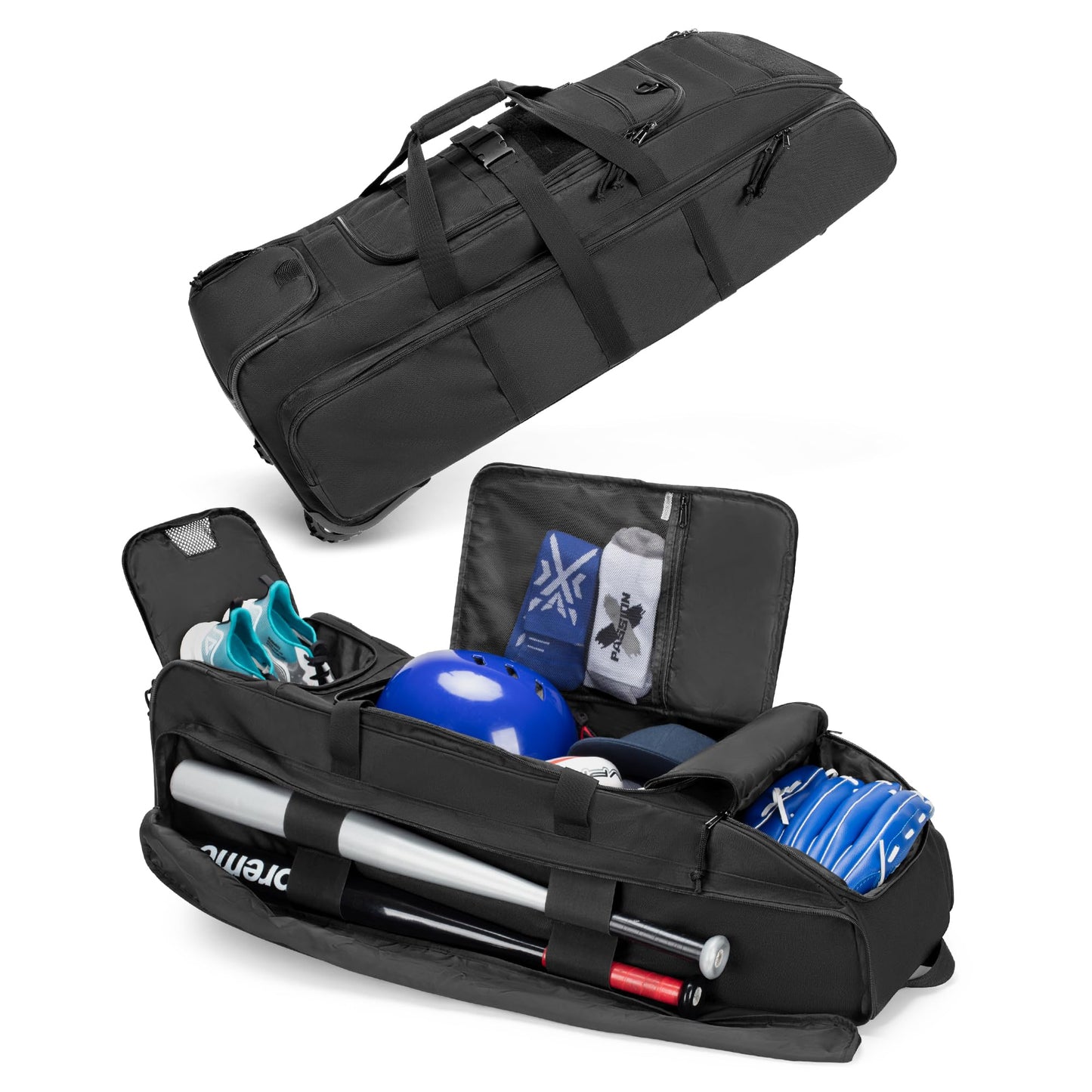 DSLEAF Rolling Baseball Bag with Wheels Softball Catchers Bag for 4 Bats Wheeled Baseball Equipment Bag with Separate Shoe Space and Multiple Pockets for All Softball Baseball Gear