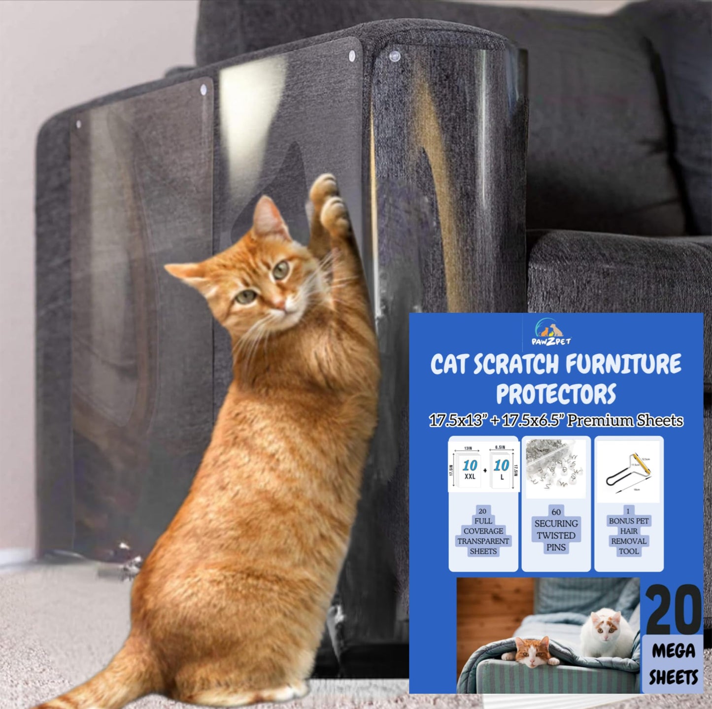 Heavy Duty Cat Scratch Furniture Protector - Single-Sided 20-Pack XL Furniture Protectors from Cats Cat Anti Scratch Furniture Protectors Couch Protectors from Cat 20Pack + 60Pins Cat Scratch Guard