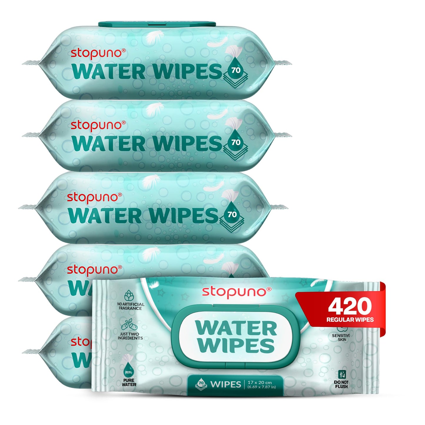 Stopuno Water Wipes (420 Wipes Total) Unscented baby wipes 99% Purified Water Hypoallergenic & Safe for Sensitive Skin- Unscented Regular Size 6 Flip-Top Packs