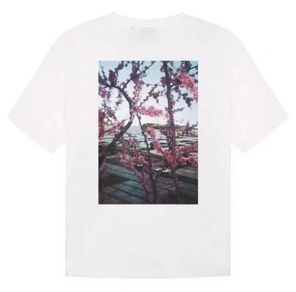 Double Line Floral Print Couple Graphic T-Shirts
