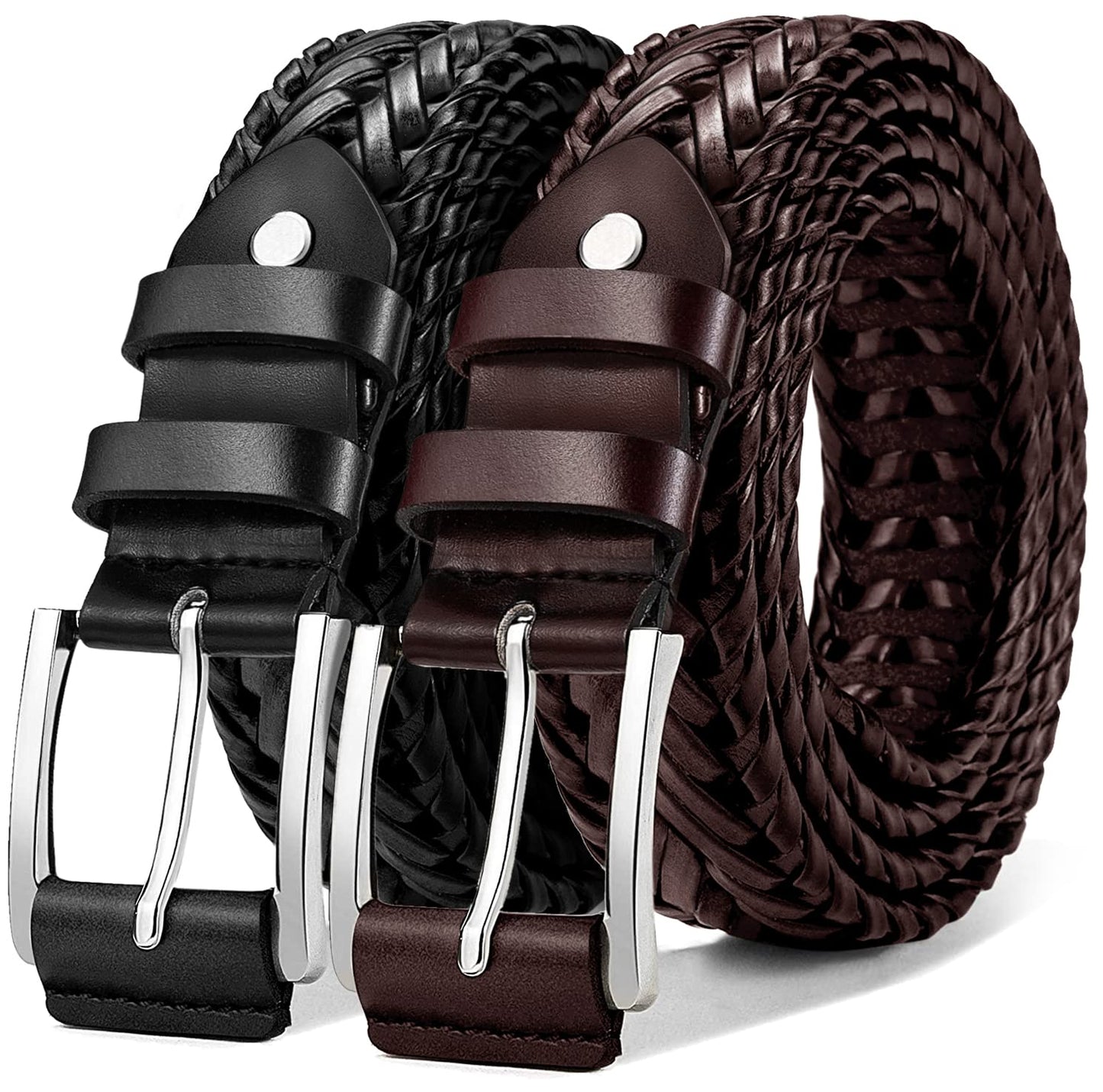 KEMISANT Mens belt 2 Pack Woven Braided Leather Belt for Gift Men Causal Golf Pants Polo Shirts Matching(Black/Wine Red28"-32" Waist Adjustable)